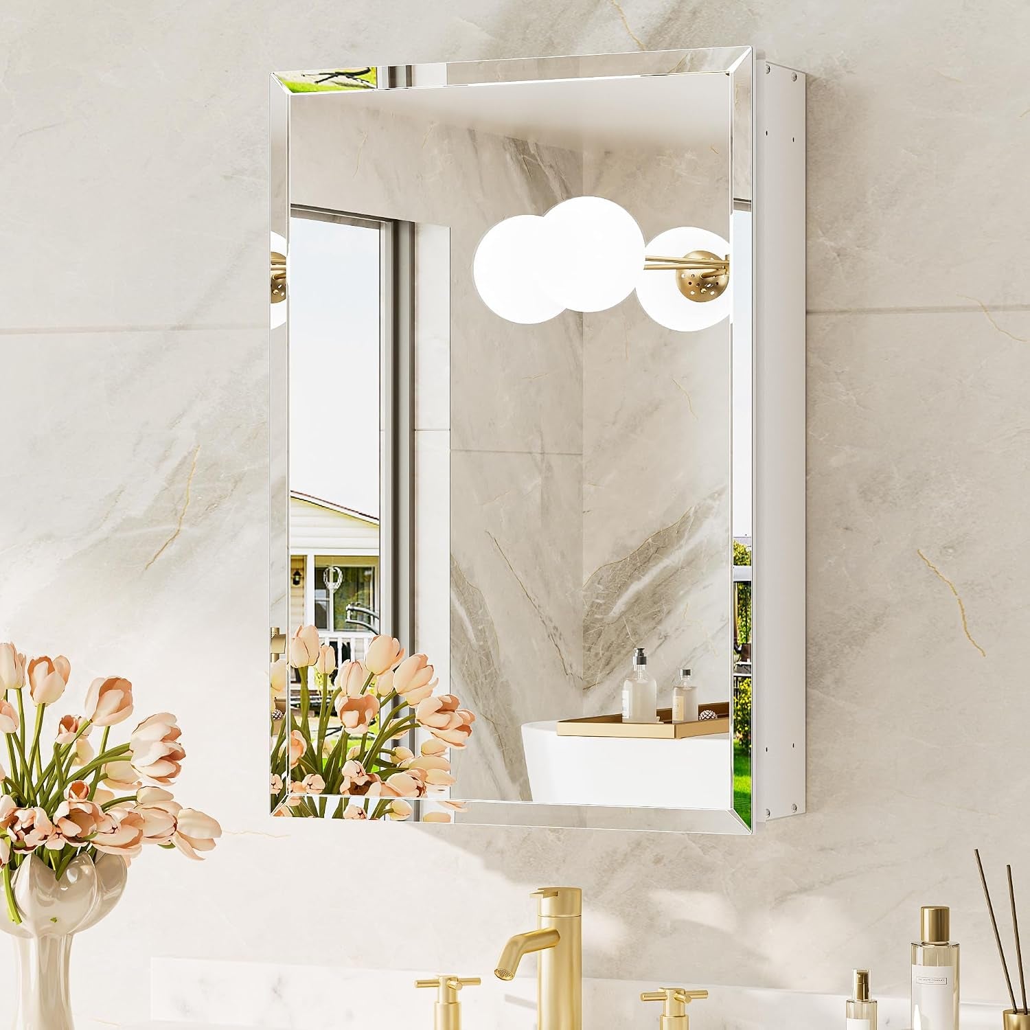 Straight-on view of a rectangular beveled mirrored medicine cabinet on a tiled wall