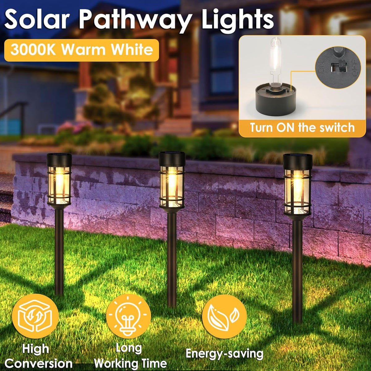 Nighttime scene infographic showing three lit pathway lights with a 3000K Warm White label and an inset of the on/off switch