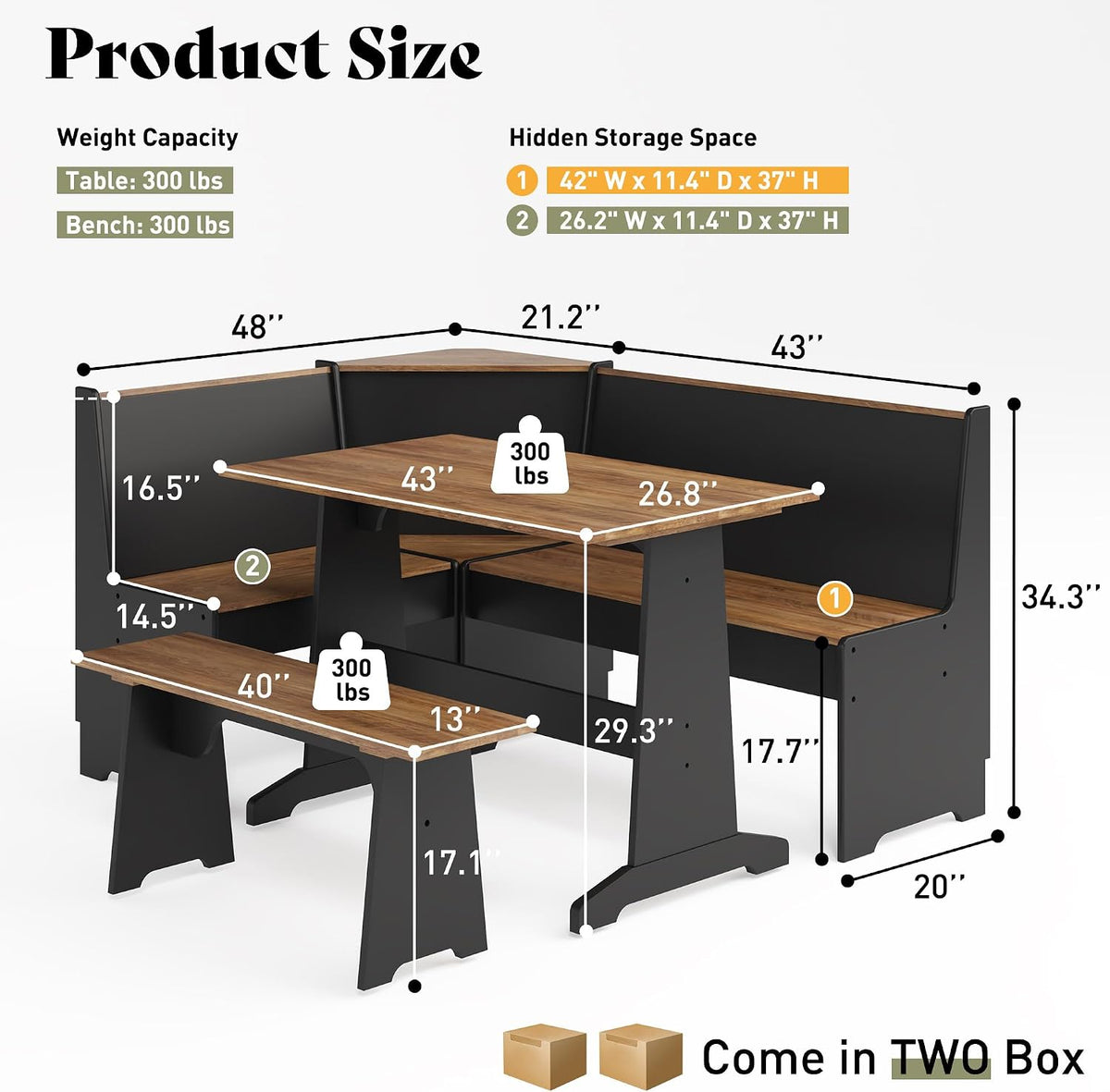 Corner dining set with dimensional callouts and weight capacity overlays on a white background