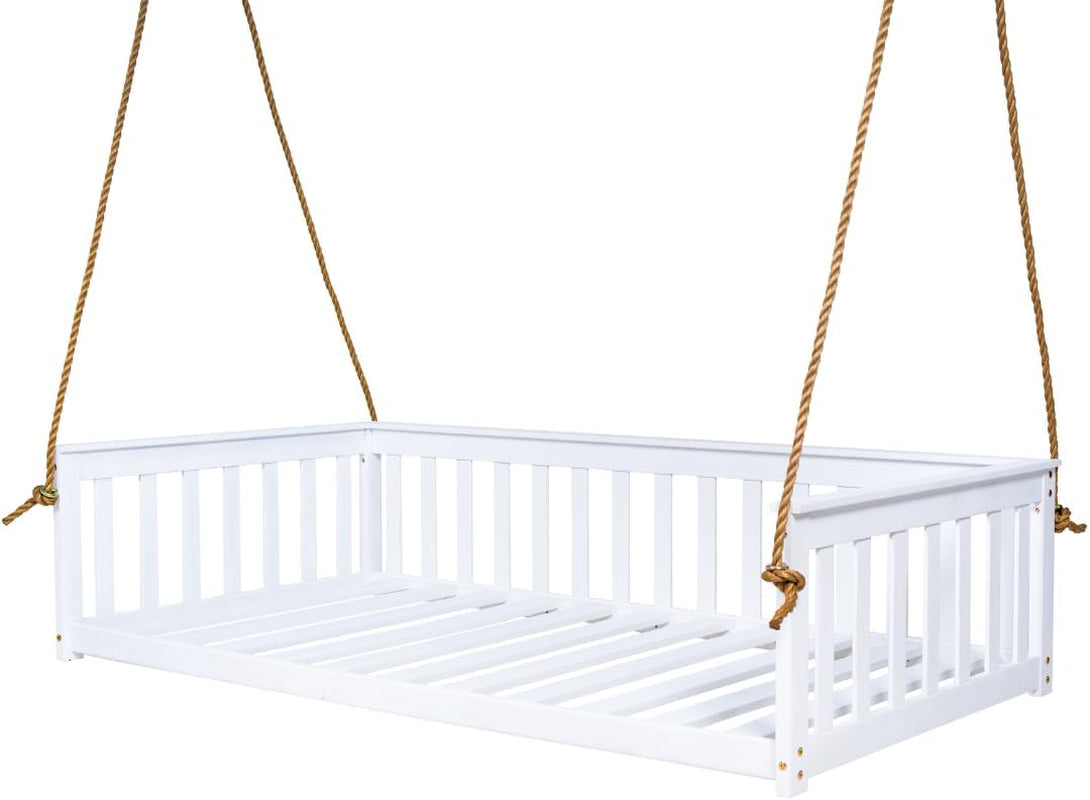 Angled view of a white porch daybed swing showing slatted base, corner rails, and hanging ropes