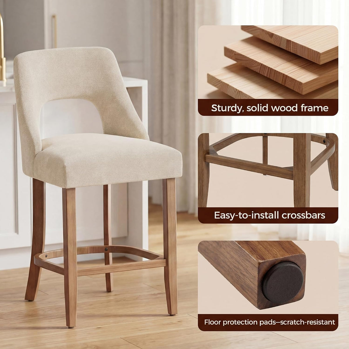 Single beige upholstered counter stool highlighting wood frame, crossbars and a floor pad on the leg.
