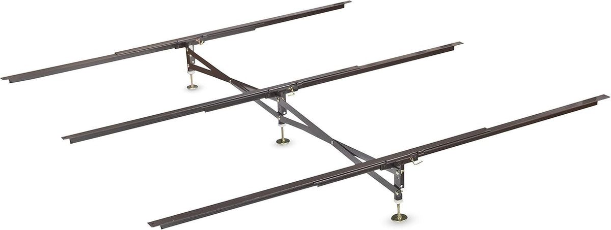 Steel adjustable center support assembly with X-support and three cross rails on a white background, angled view