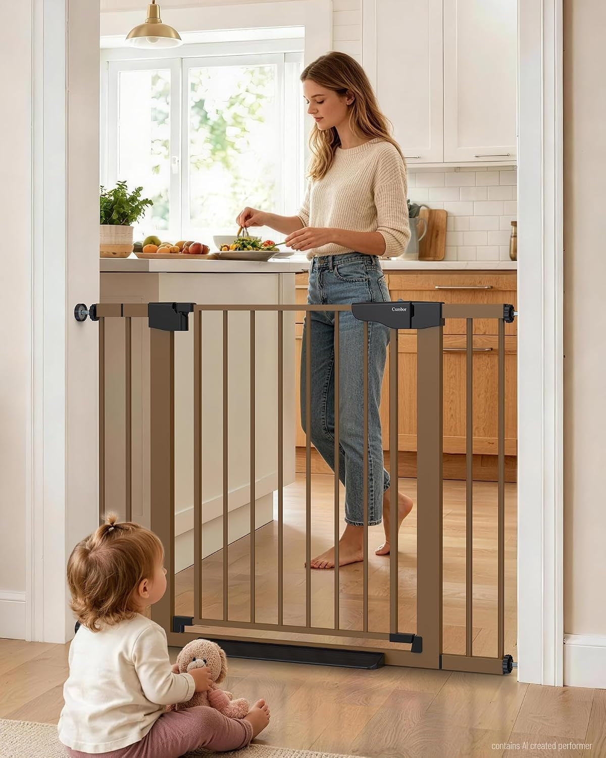 Front view of a brown metal safety gate installed in a kitchen doorway with a toddler seated nearby.