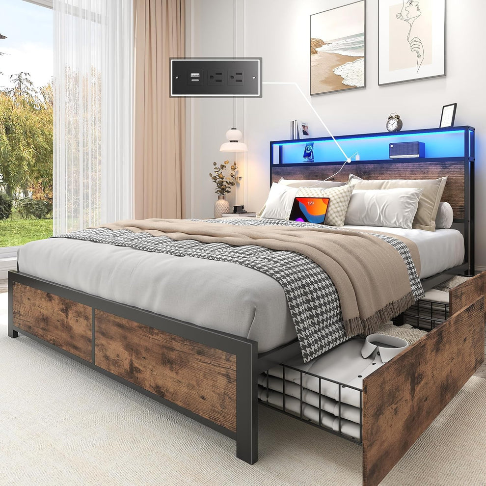 Rustic brown platform bed with blue-lit storage headboard, power panel inset and two open side drawers.