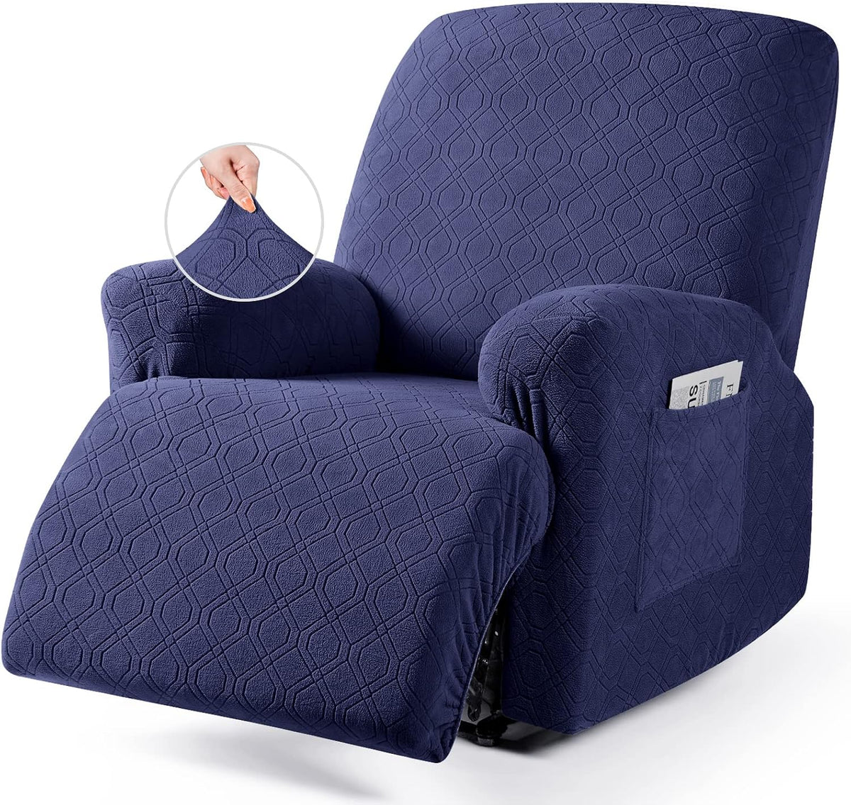 Close front view of a navy slipcovered recliner with hand stretching fabric shown in inset and arm pocket holding a booklet.