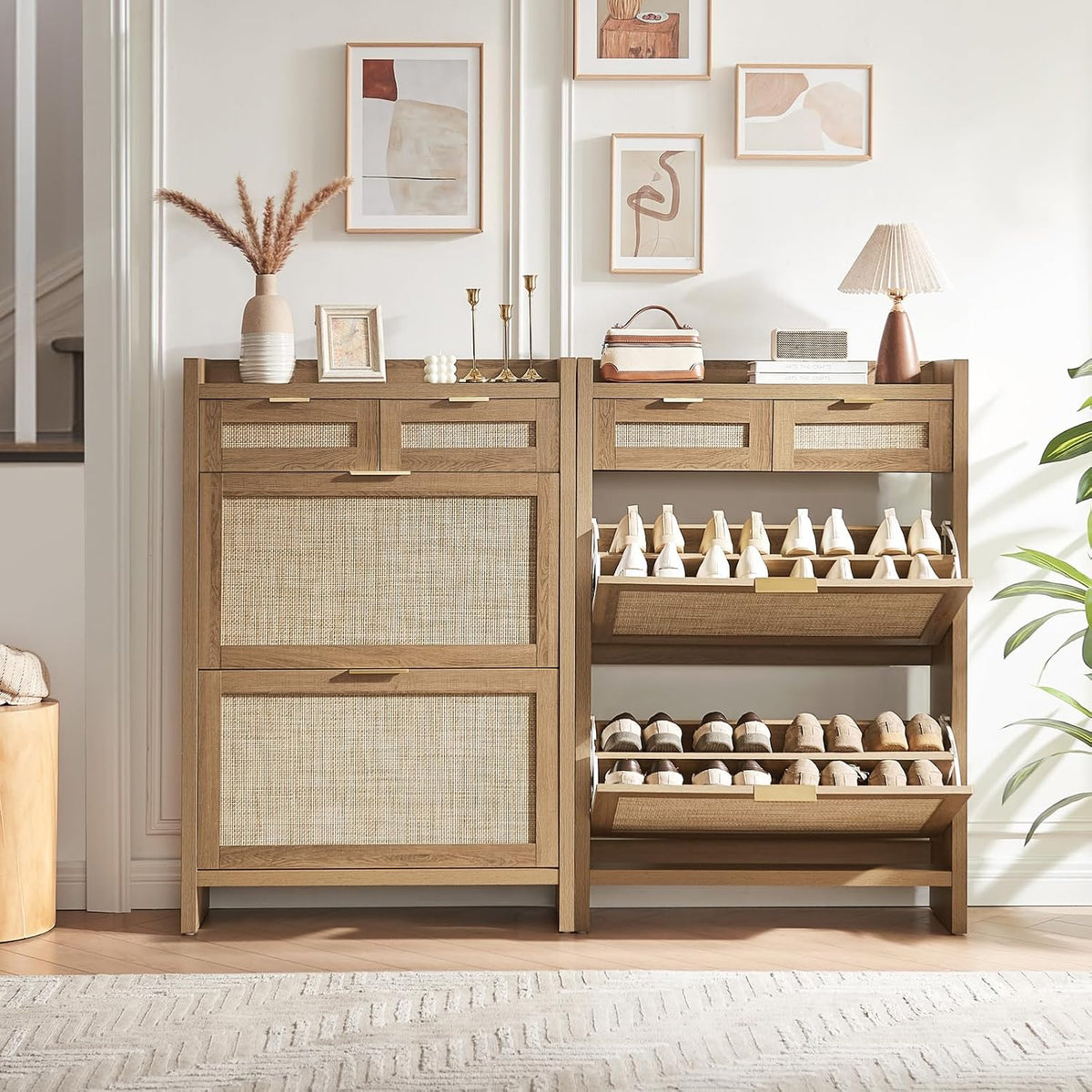 Two rustic oak rattan-front shoe cabinets styled side-by-side with decor and a potted plant in an entryway.