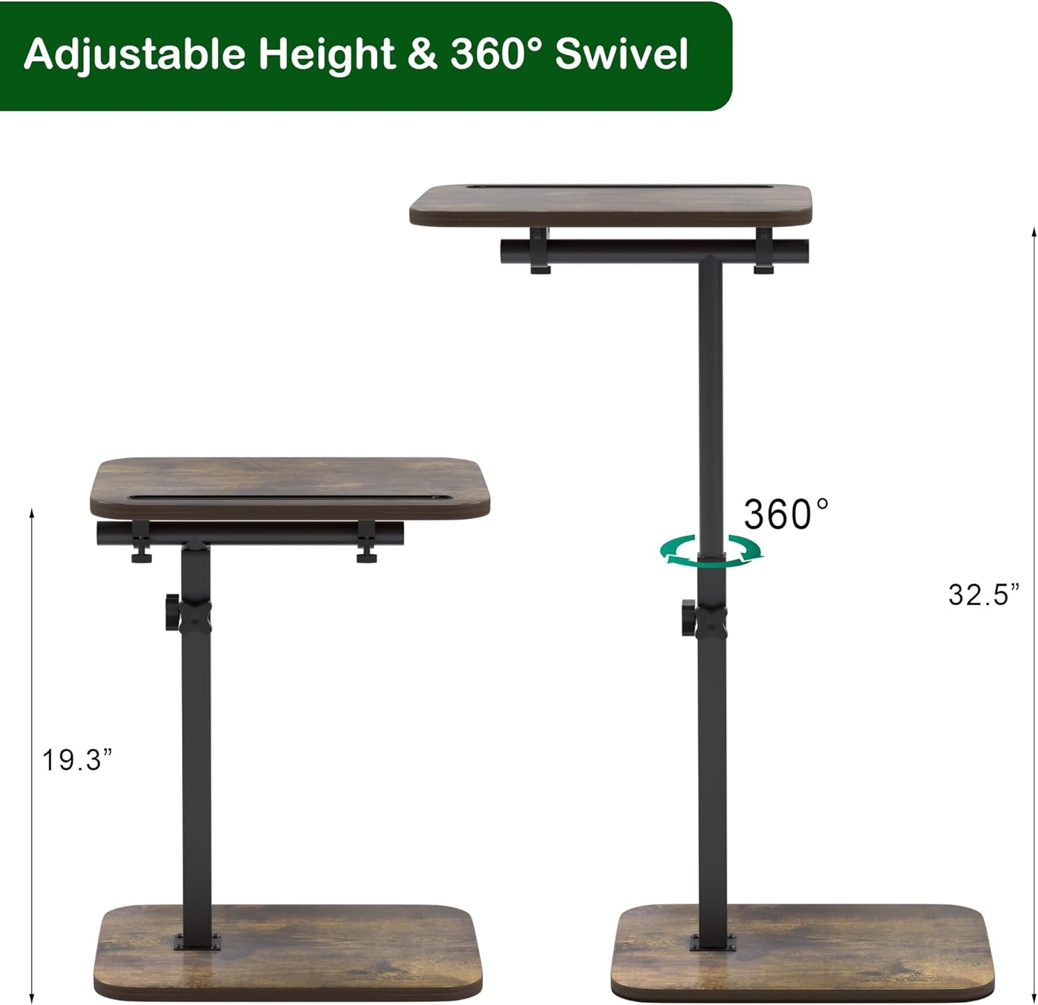 Diagram view showing two height positions of the C-table at 19.3" and 32.5" with 360° swivel indication