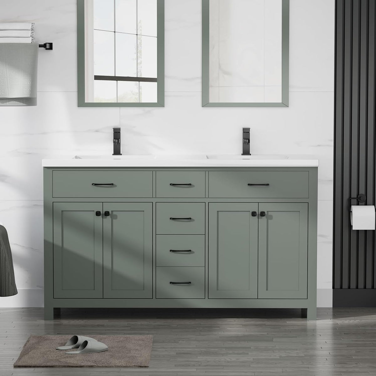 Double-sink green vanity with centered drawers and black faucets, staged against tiled wall