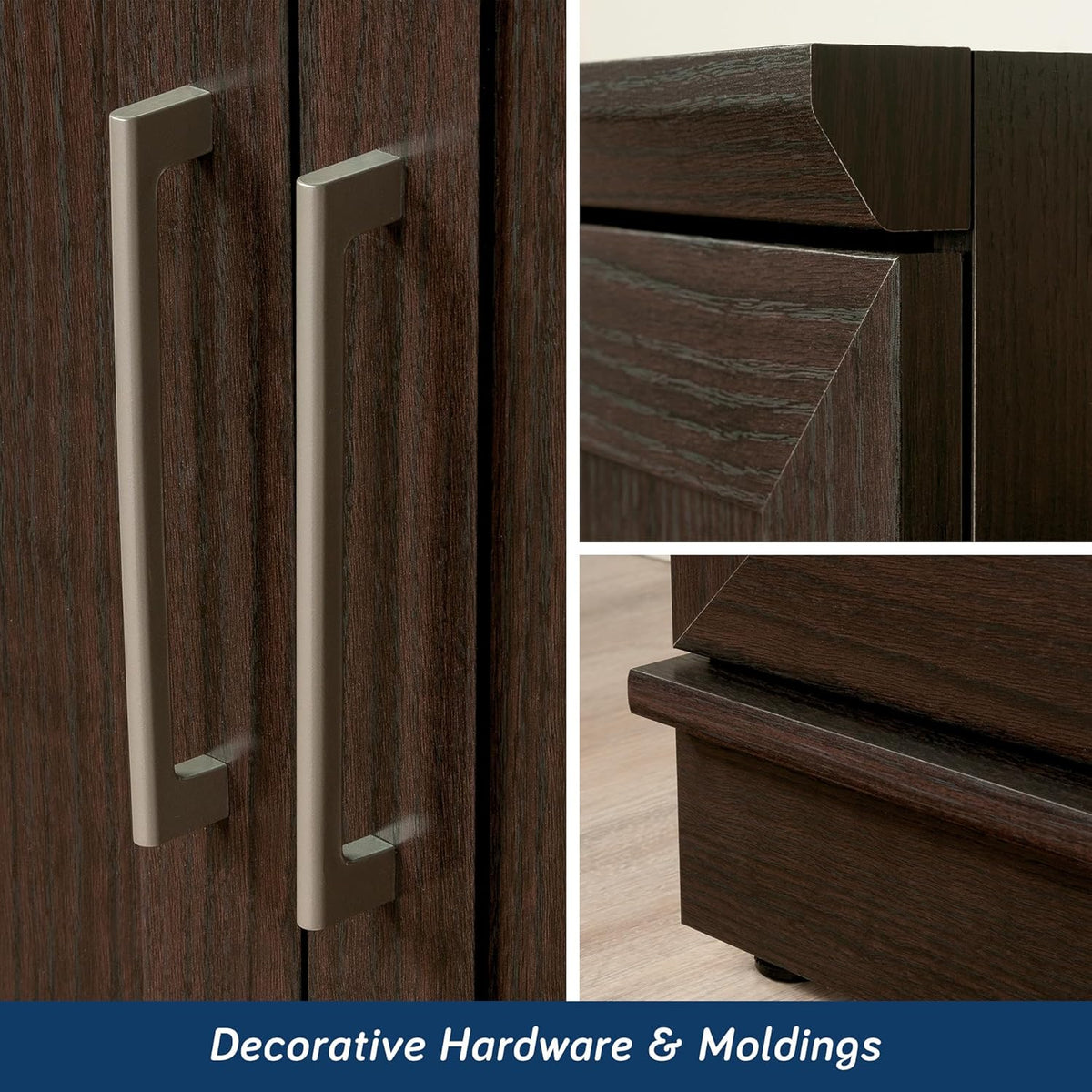 Close-up collage of cabinet details showing metal handles, framed door corners, and base molding in a dark finish.