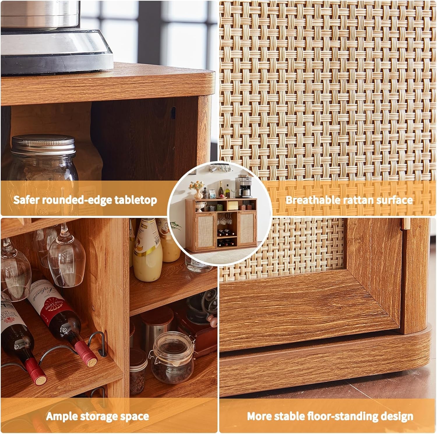 Collage of close-ups: rounded tabletop edge, rattan weave, interior wine storage and cabinet base details.