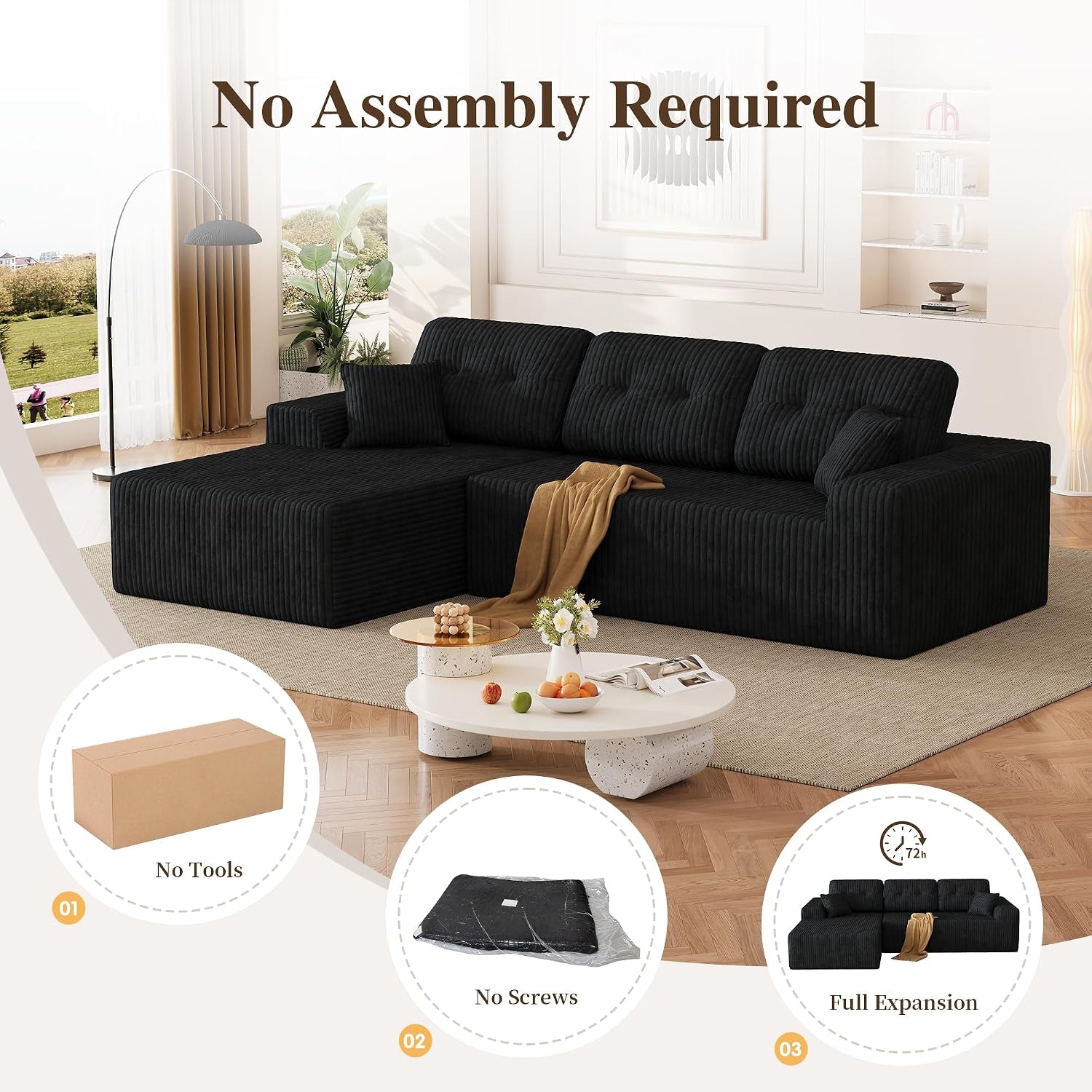 106" Boneless Sectional Sofa, Corduroy Modular L Shaped Couch with Deep Seat Chaise, Cloud Style Oversized Sectional Couch for Living Room, No Assembly, Left Facing, Black