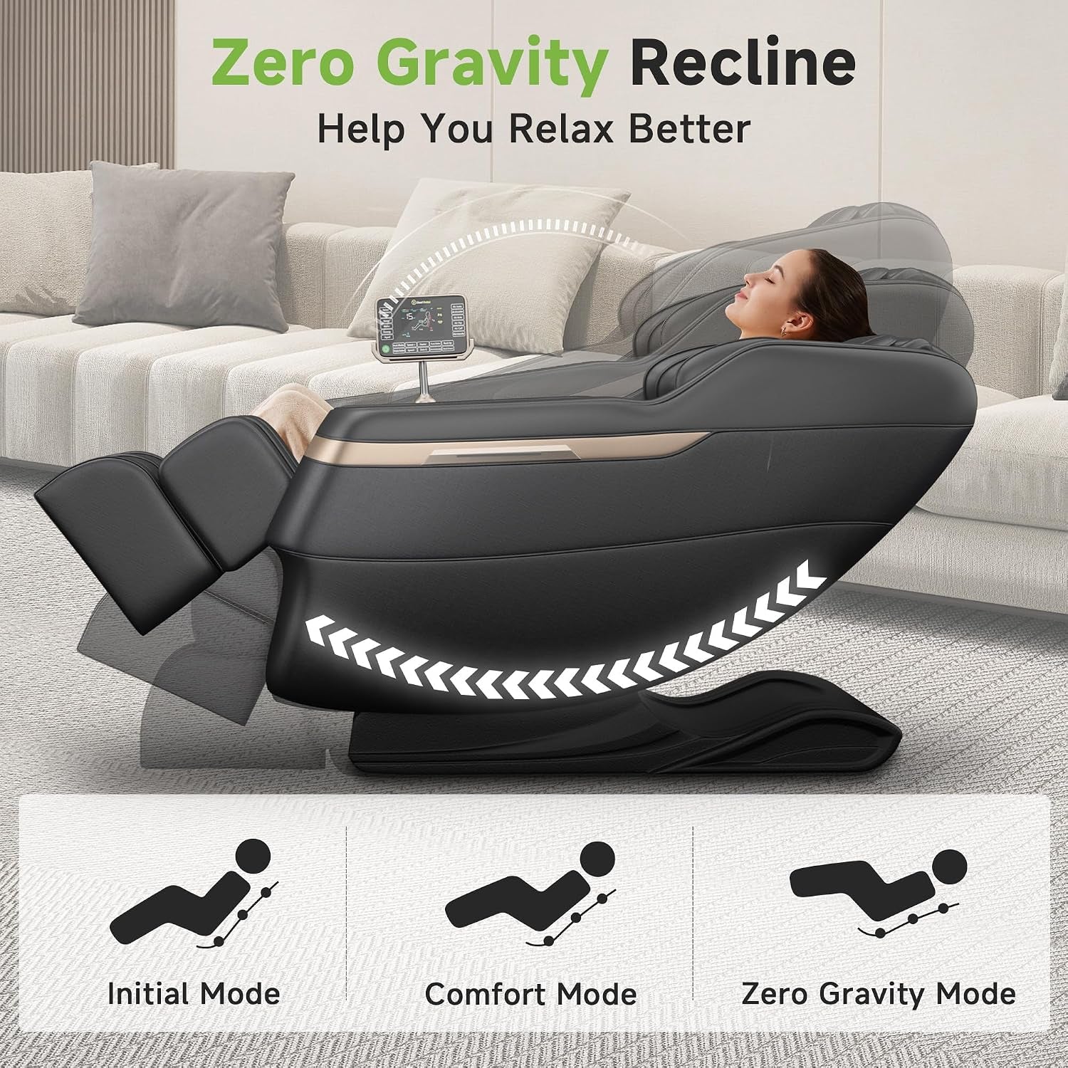 Side profile showing chair in zero gravity recline progression with leg rest extended