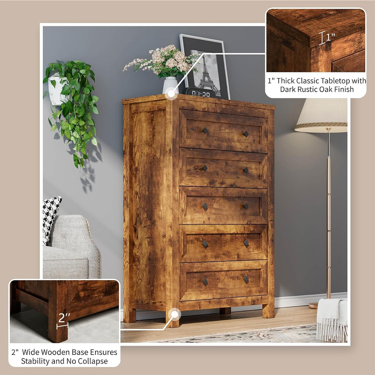 Front view of a five-drawer tall chest in rustic brown finish standing next to a floor lamp and plant