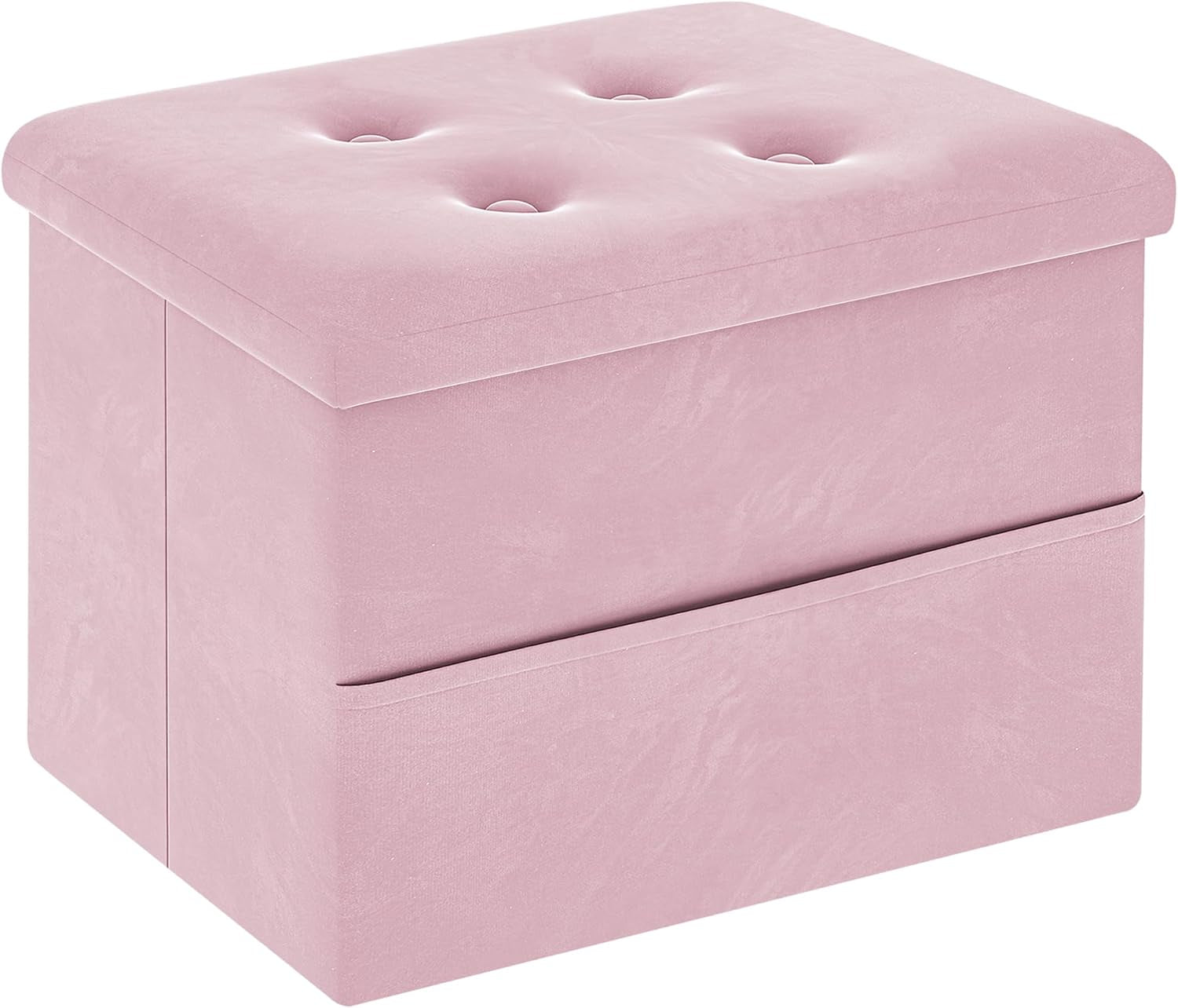 Pink velvet square storage ottoman with tufted top and exterior side pocket, shown on a white background.