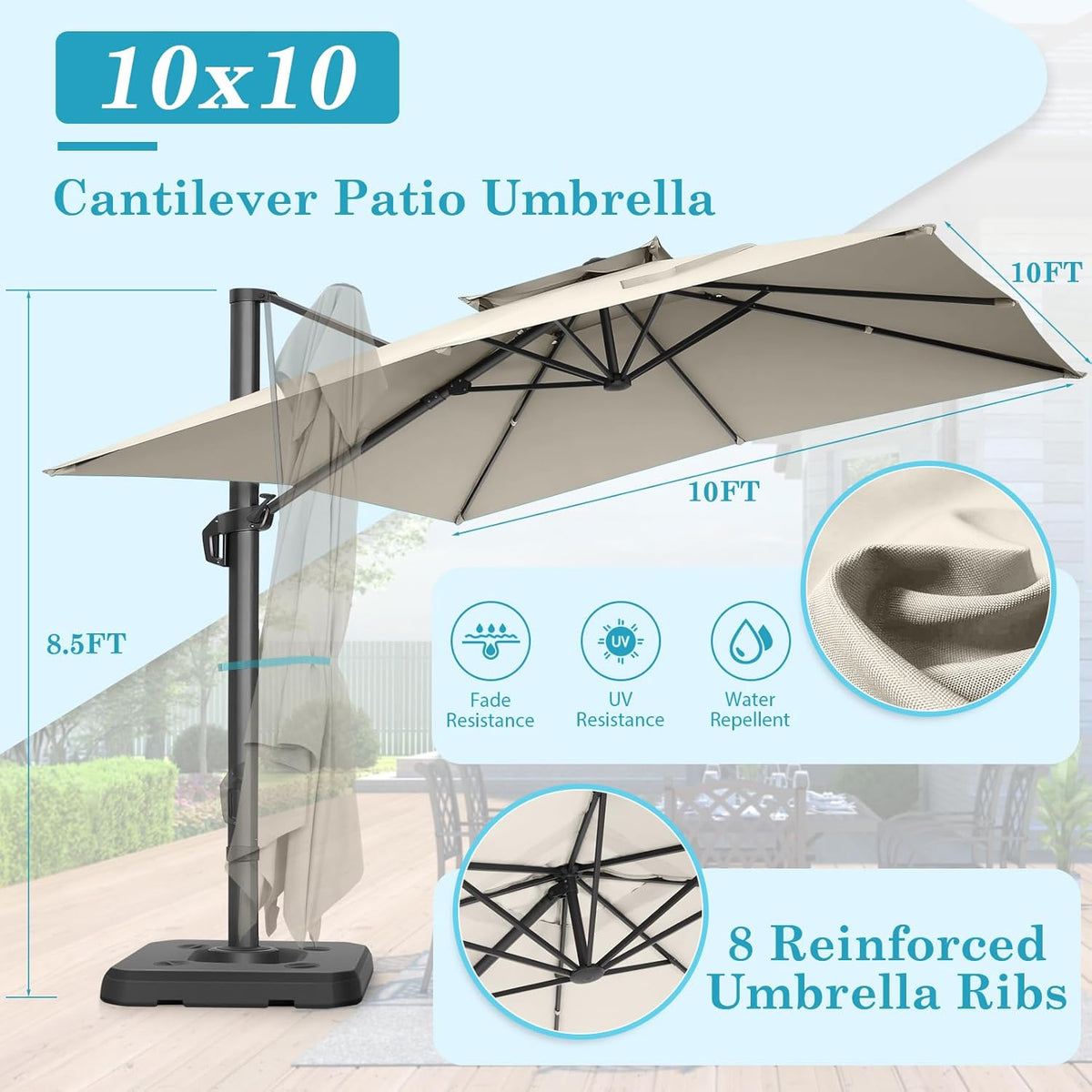 Infographic showing a 10x10 ft canopy and 8.5 ft pole height with fabric callouts for fade and water resistance
