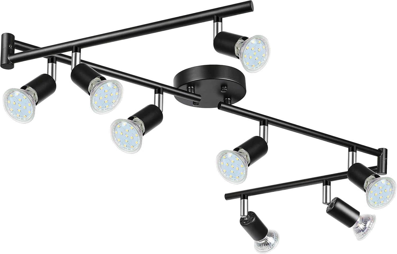Angled view of a six-light track lighting fixture in matte black showing LED bulbs and adjustable heads.