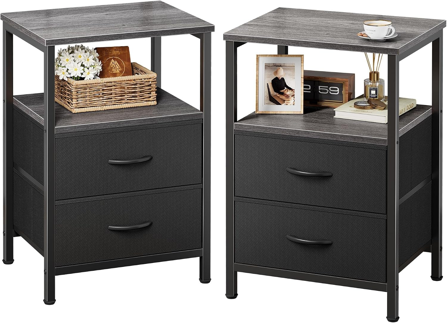 Two bedside tables with gray wood tops, open middle shelves and two black fabric drawers in black metal frames.