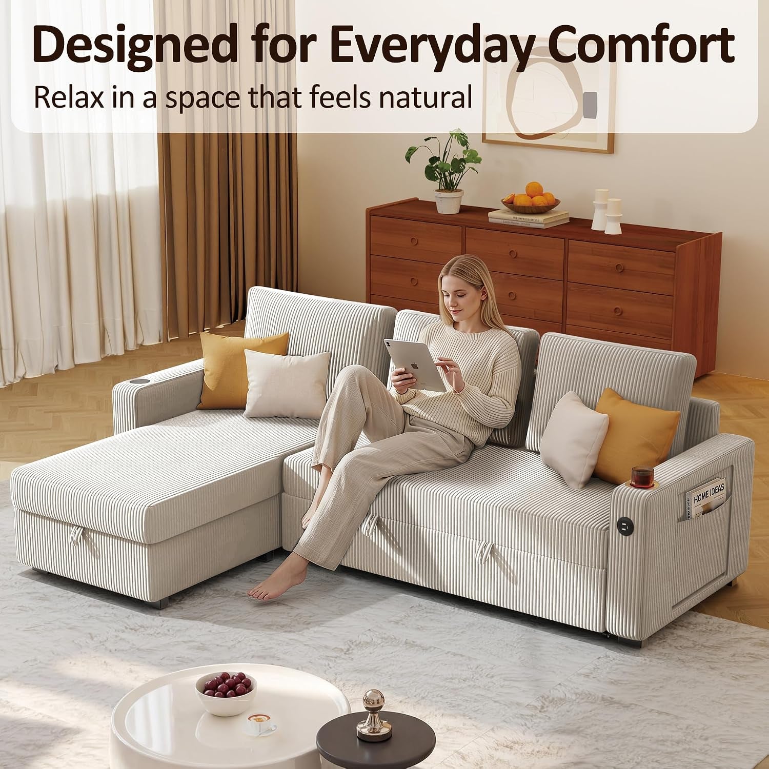 Beige L-shaped sectional in living room scene with person seated to show everyday comfort and seating layout