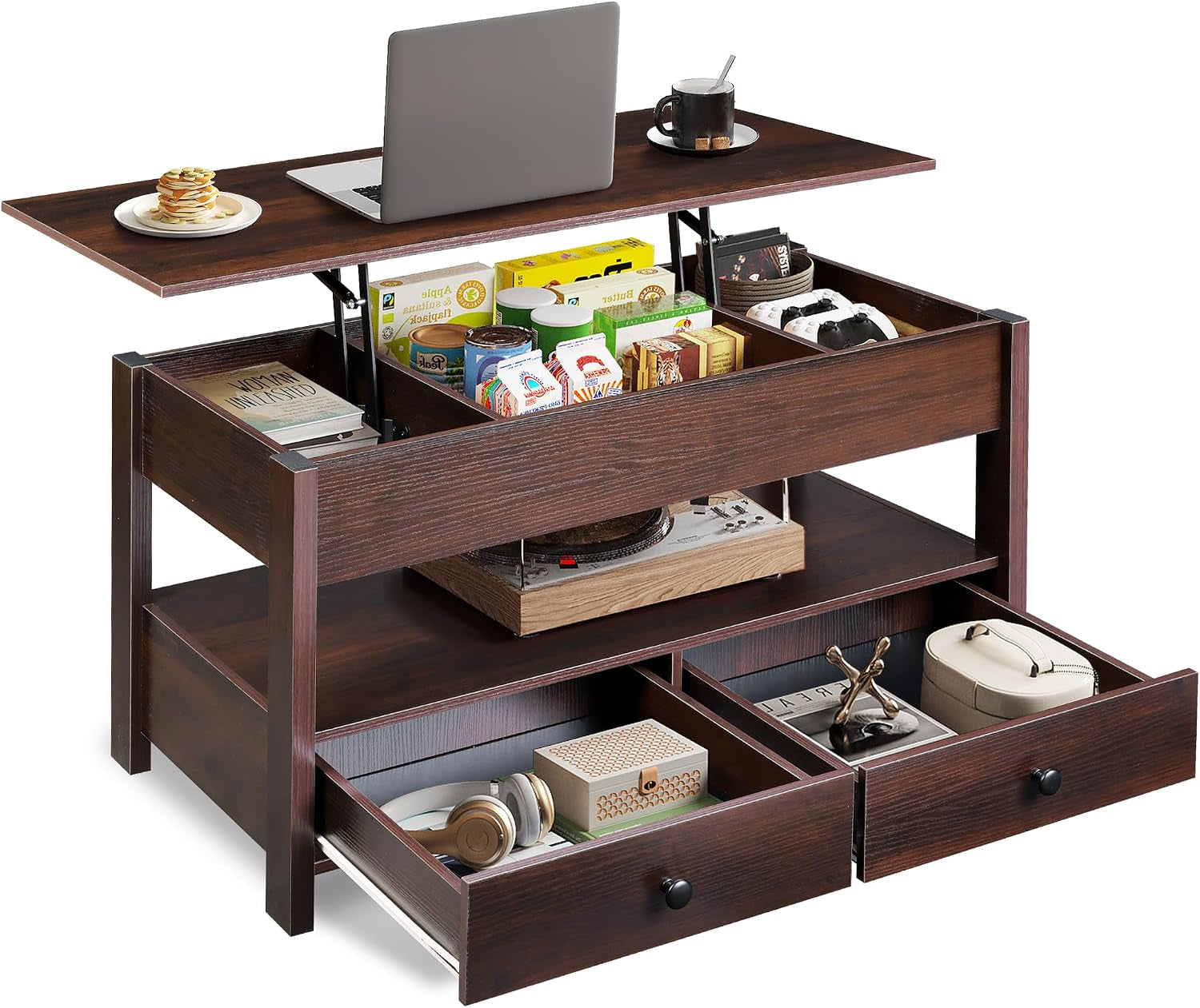 Brown lift-top coffee table with dividers in the top compartment, lower shelf and two open drawers shown
