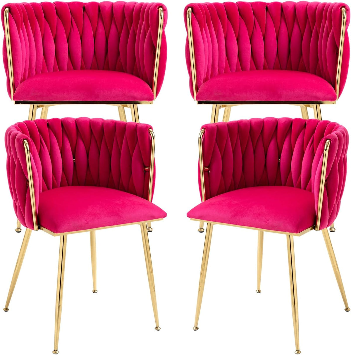 Set of four bright fuchsia velvet dining chairs with diamond-quilted curved backs and gold metal legs