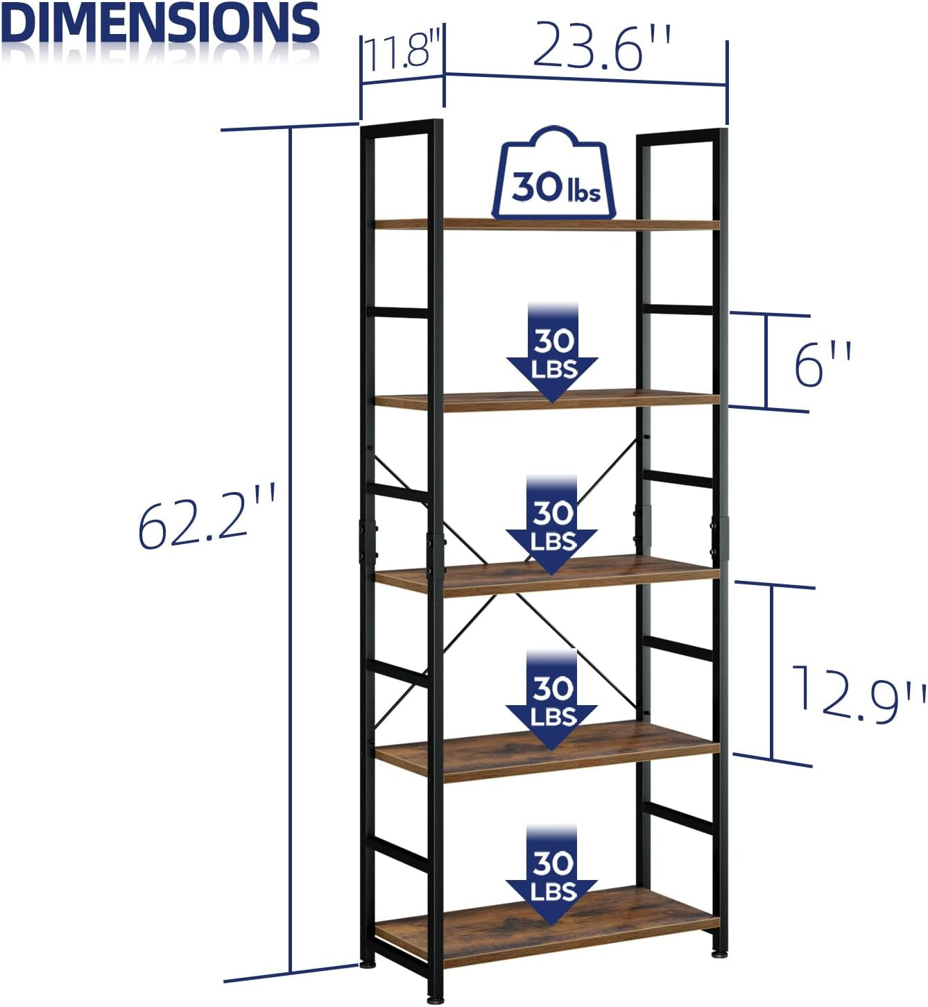 Diagram of five-tier bookcase showing dimensions 23.6" x 11.8" x 62.2" and 30 lb per shelf load icons.