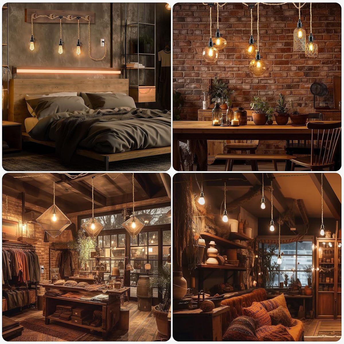 Four warm-room vignettes (bedroom headboard, dining table, boutique shop, rustic workspace) showing single-bulb rope