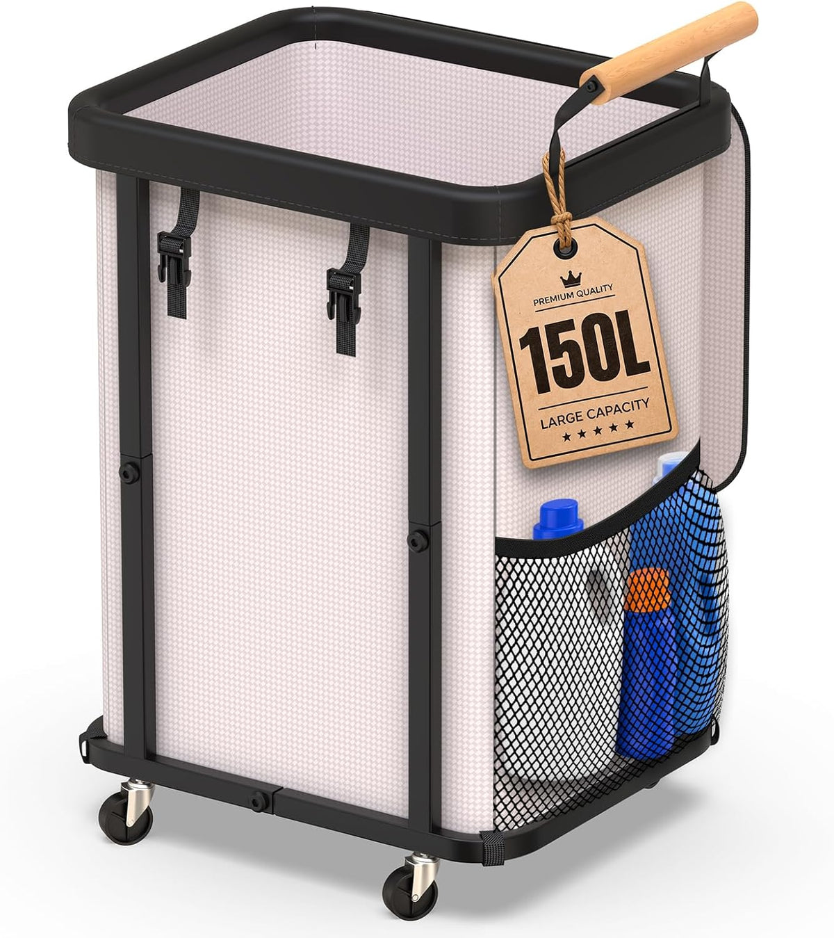 Close-up of the cart's corner showing mesh side pocket with bottles and a caster wheel.
