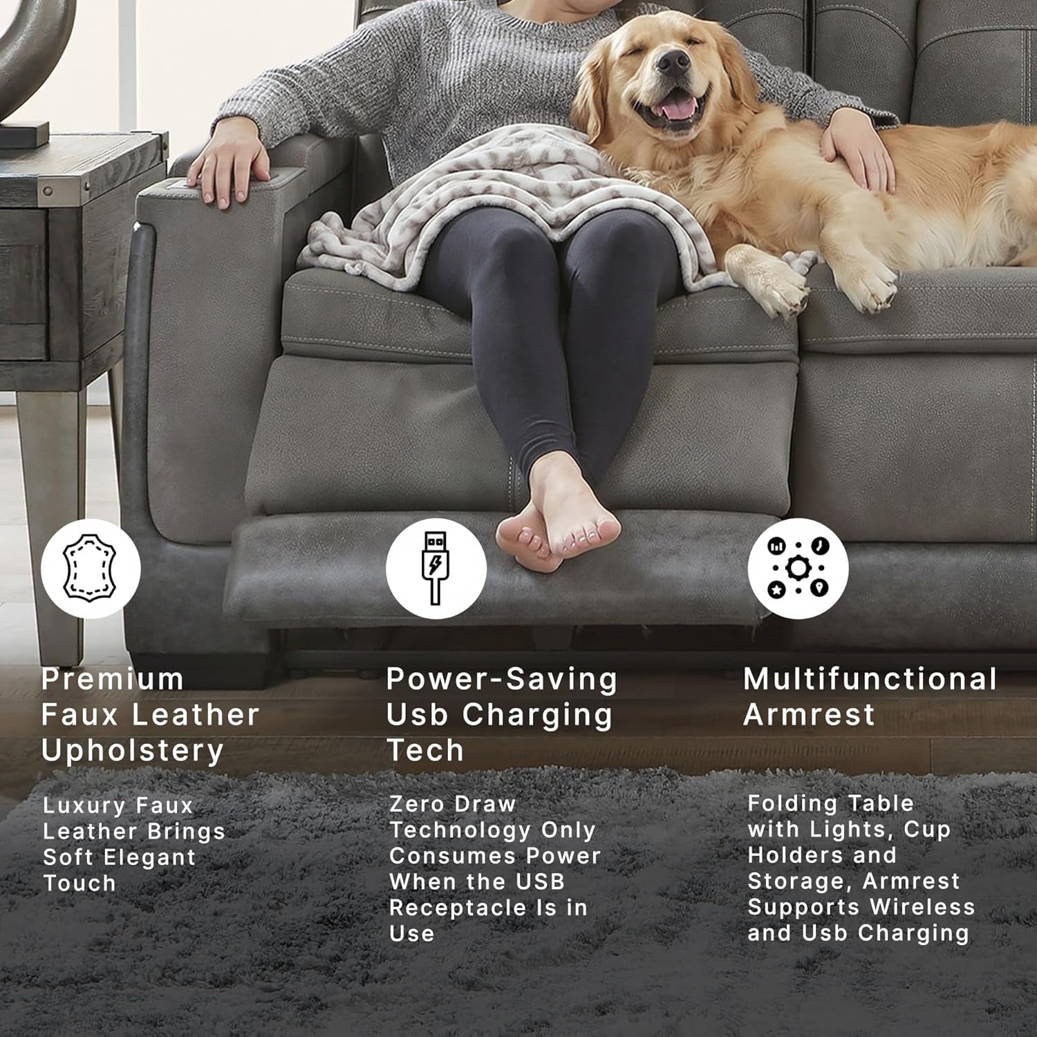 Signature Design by Ashley Next-Gen Durapella Modern Faux Leather Power Reclining Sofa with Adjustable Headrest, Gray
