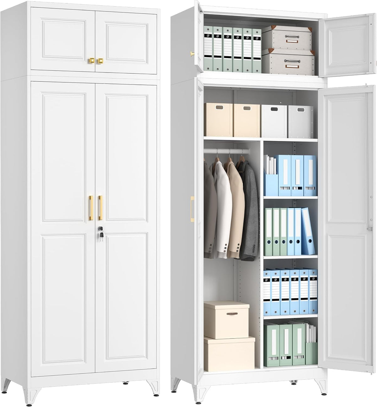 Front and open view of a tall white two-door metal wardrobe filled with boxes, files and hanging coats