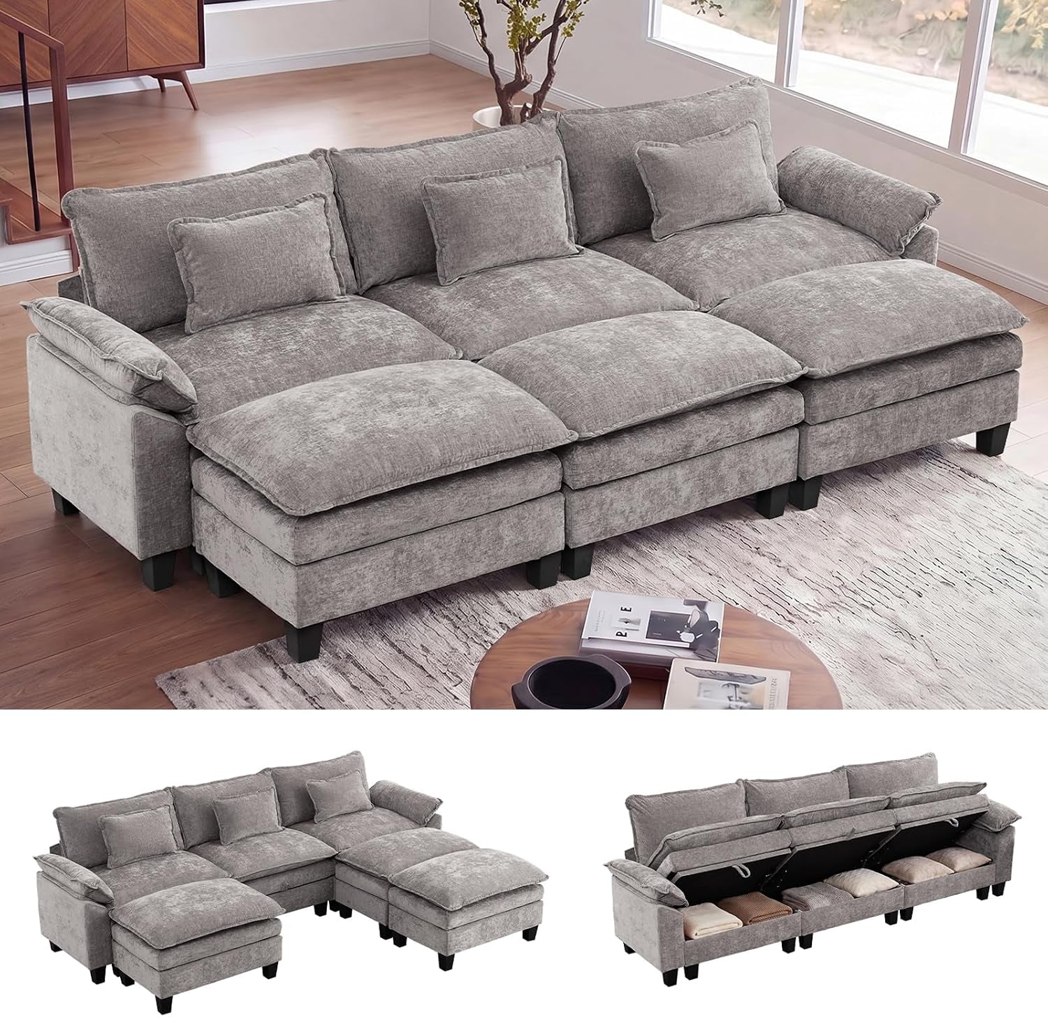 Light gray modular sectional with ottoman pieces arranged in a bright living room.