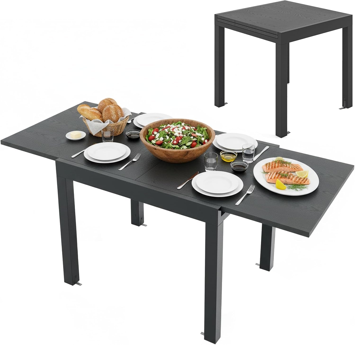 Aluminum extendable patio table shown fully extended with a dinner setting; inset shows the table folded into a compact