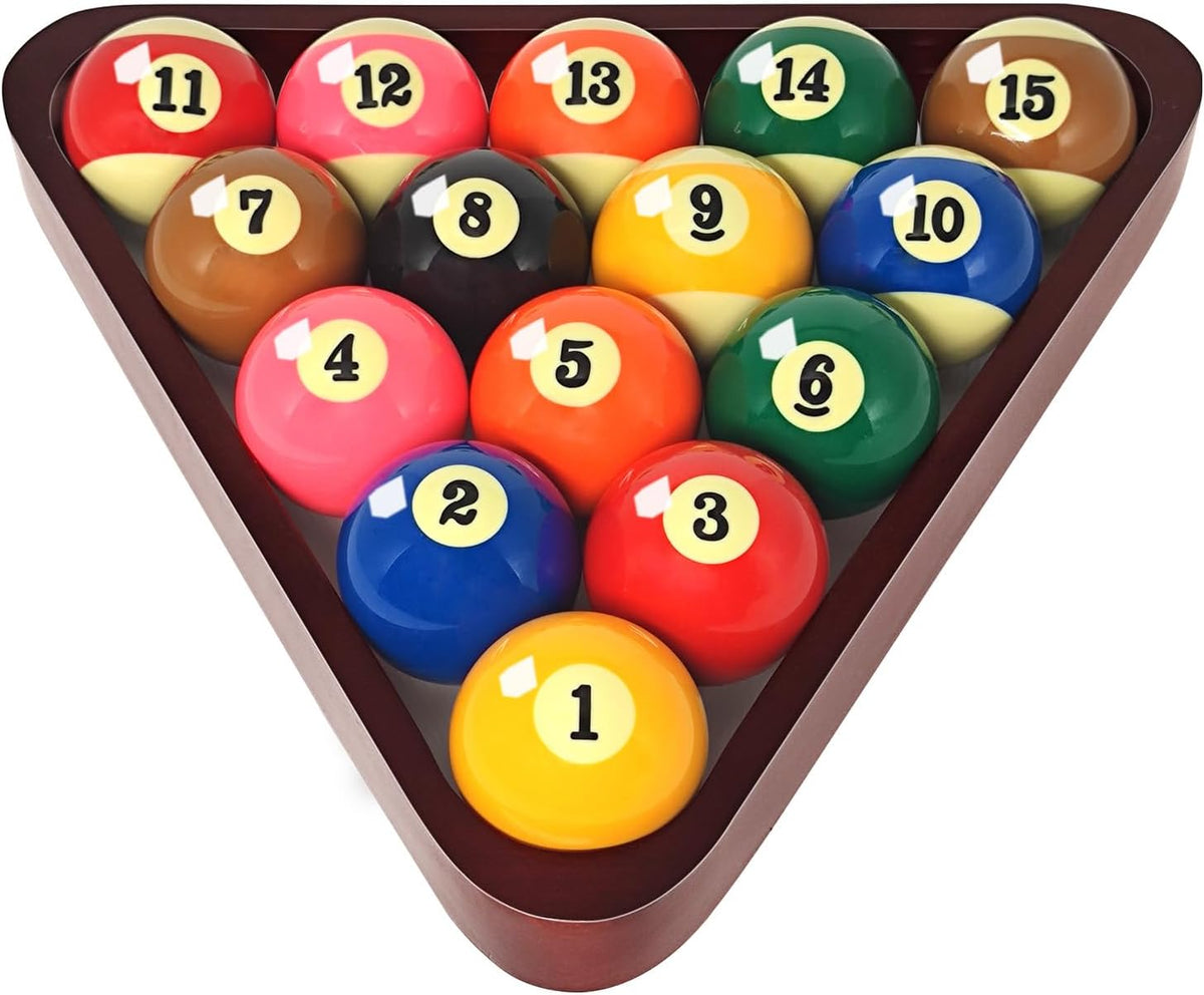 Wooden triangle rack filled with numbered pool balls arranged in a tight triangle.