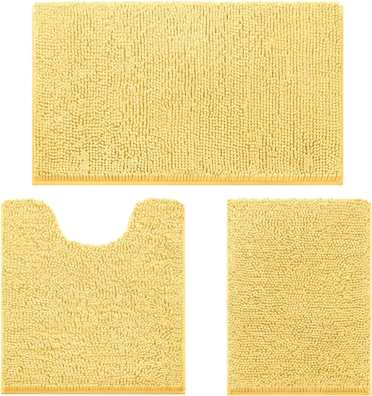 Flat lay of three chenille bath rugs: rectangular mat, U-shaped toilet mat, and small rectangular mat in pale yellow