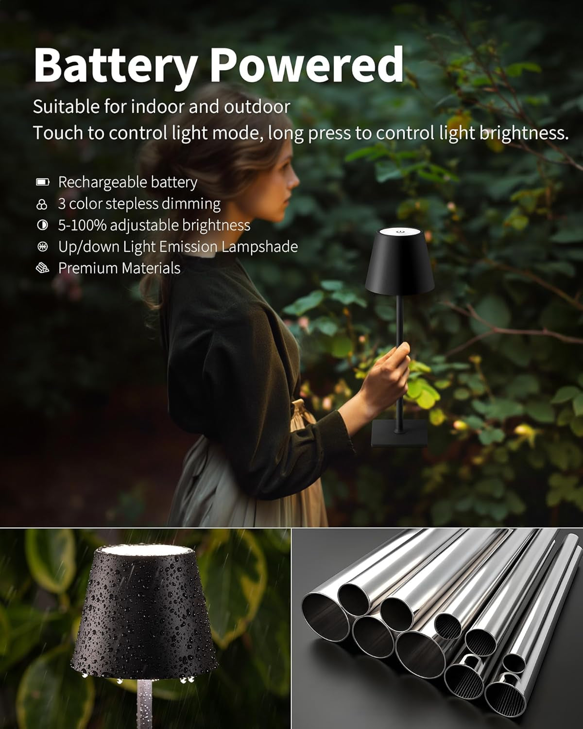 Person holding a black cordless table lamp outdoors to show portability and battery-powered use