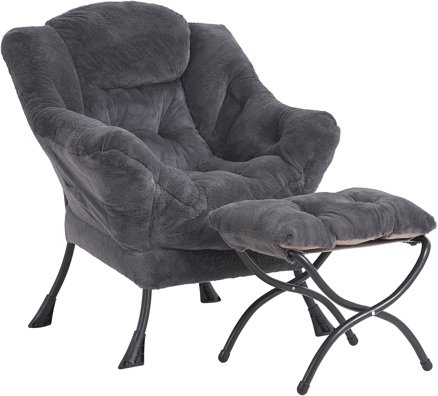 Deep gray plush lounge chair with padded ottoman, both on black curved metal frames
