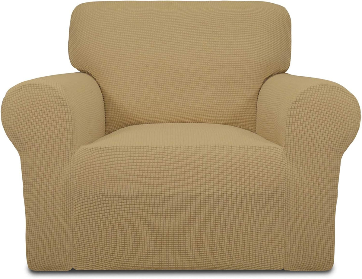 Front-facing beige armchair with a waffle-like textured cover pulled down over the skirt.