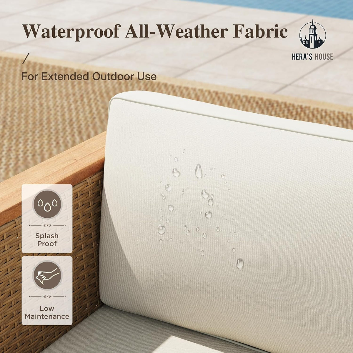 Cream cushion backrest with water droplets showing splash-proof, waterproof all-weather fabric close-up
