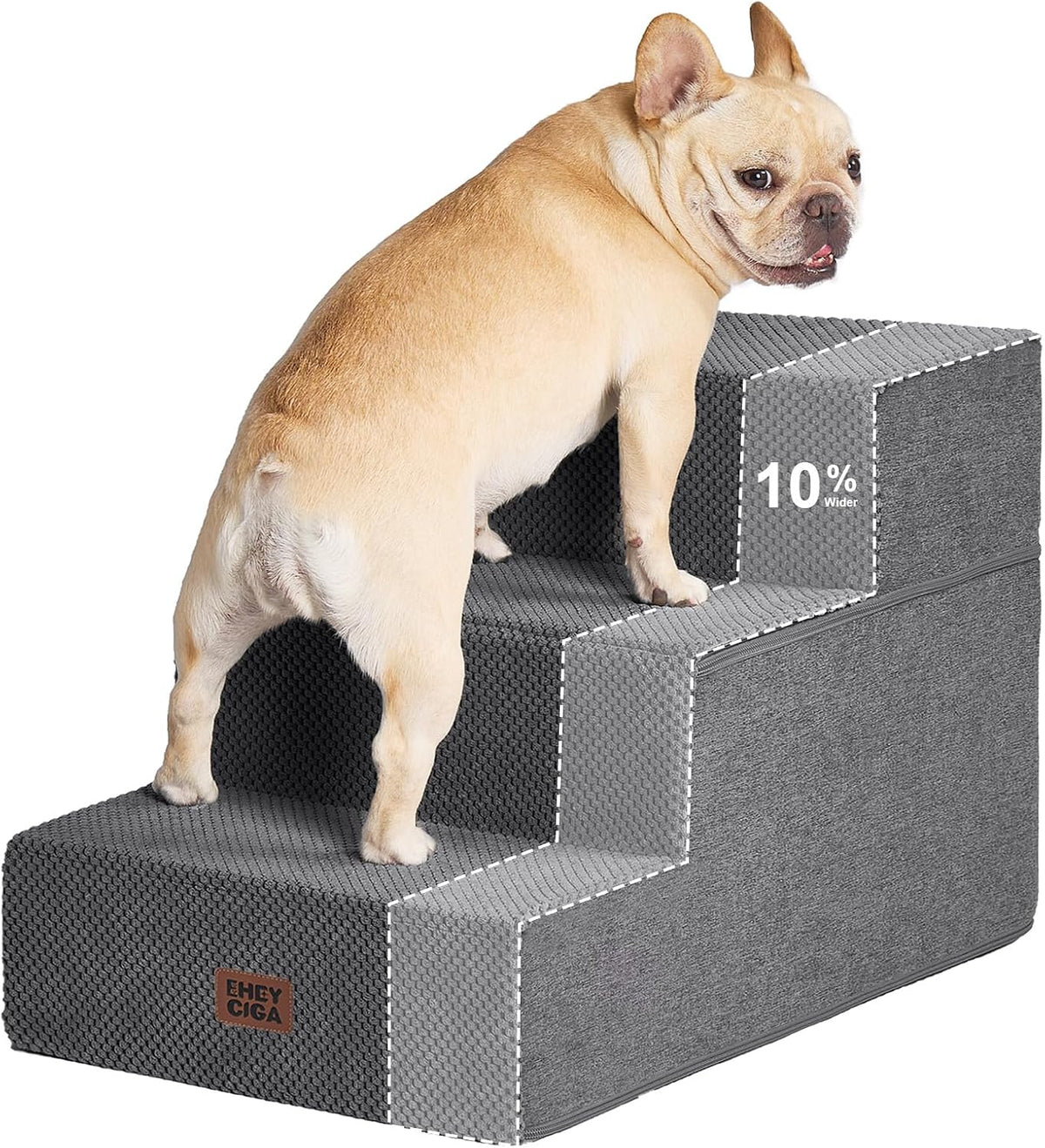 Close-up three-quarter view of dark gray stairs with a tan dog and dashed overlay highlighting step profile and zipper seam