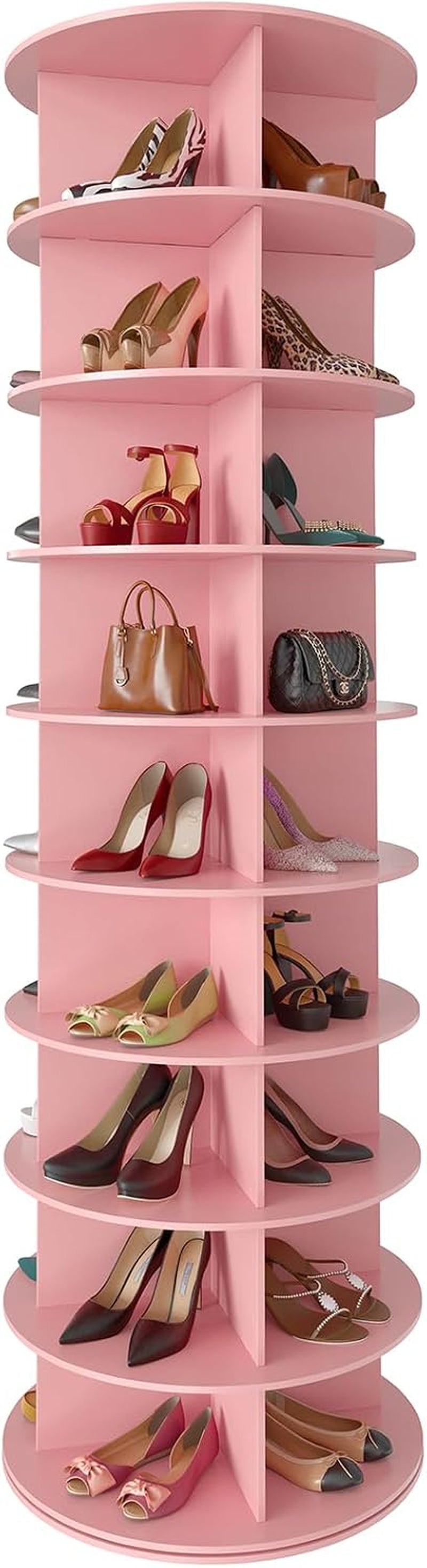 Tall pink 7-tier rotating shoe rack shown full height with shoes and handbags in each cubby.
