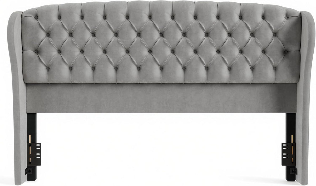 Isolated front view of the gray headboard on white background showing metal leg brackets