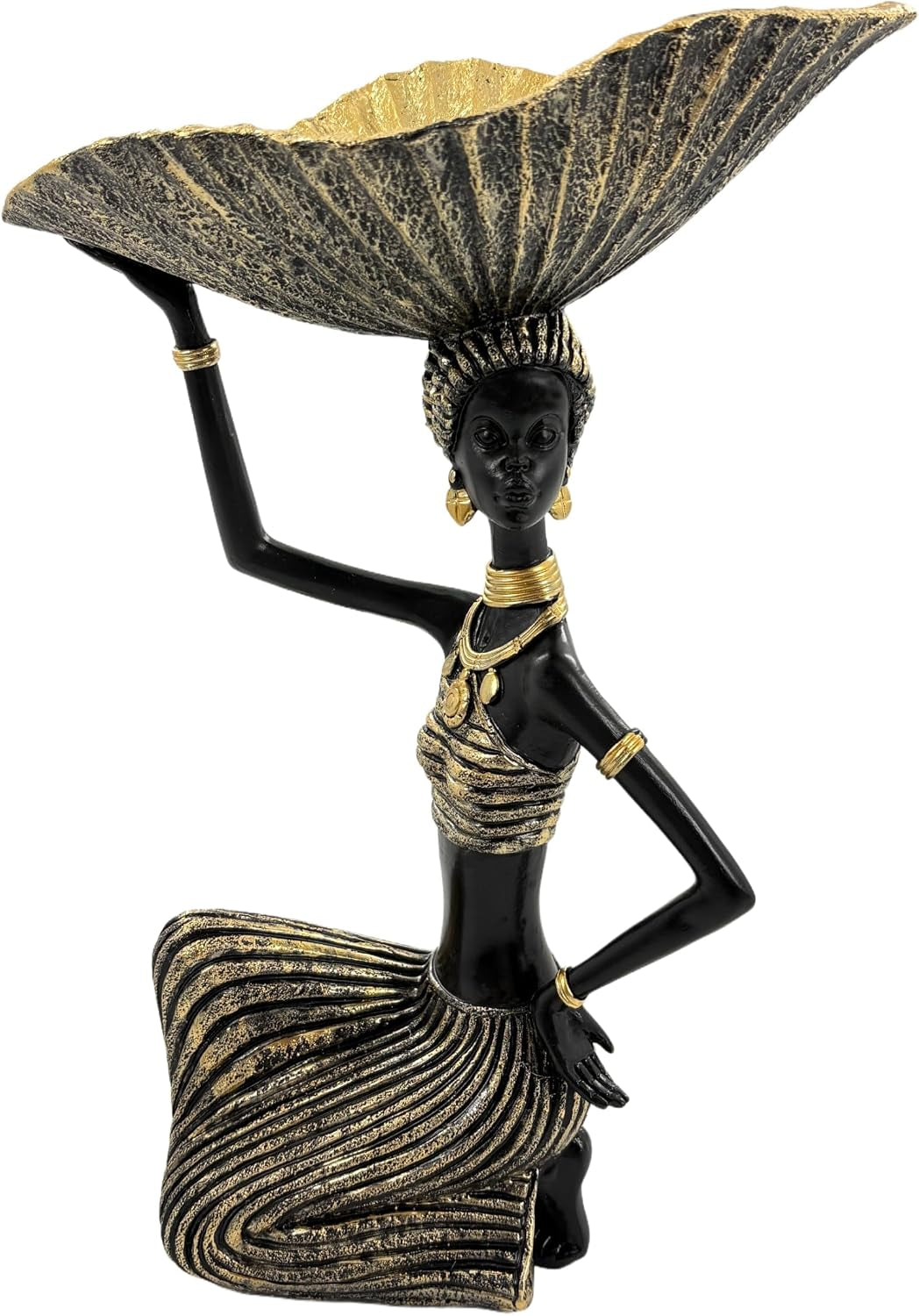 Black resin kneeling woman with gold-accented dress holding a large textured gold-leaf bowl above her head