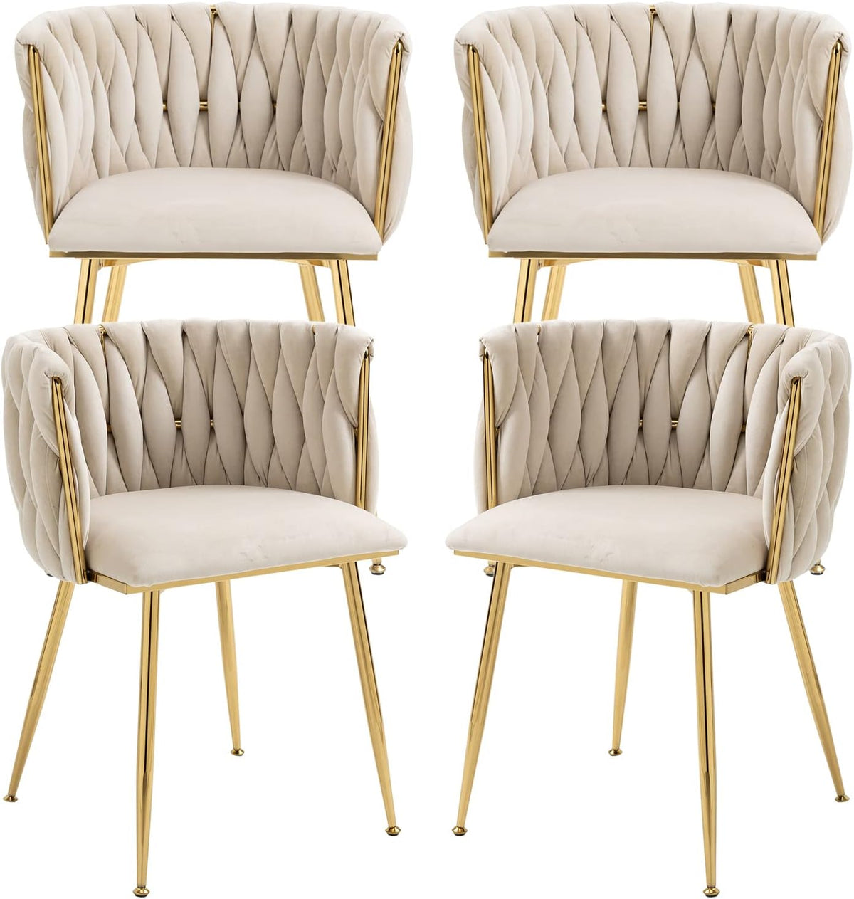 Close-up of four cream velvet chairs showing diamond-tufted braided backs and polished gold tapered legs.