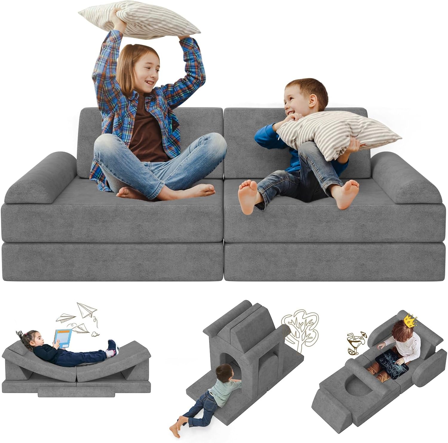 Two children play on a gray modular foam couch; four smaller vignette photos of alternate configurations below.