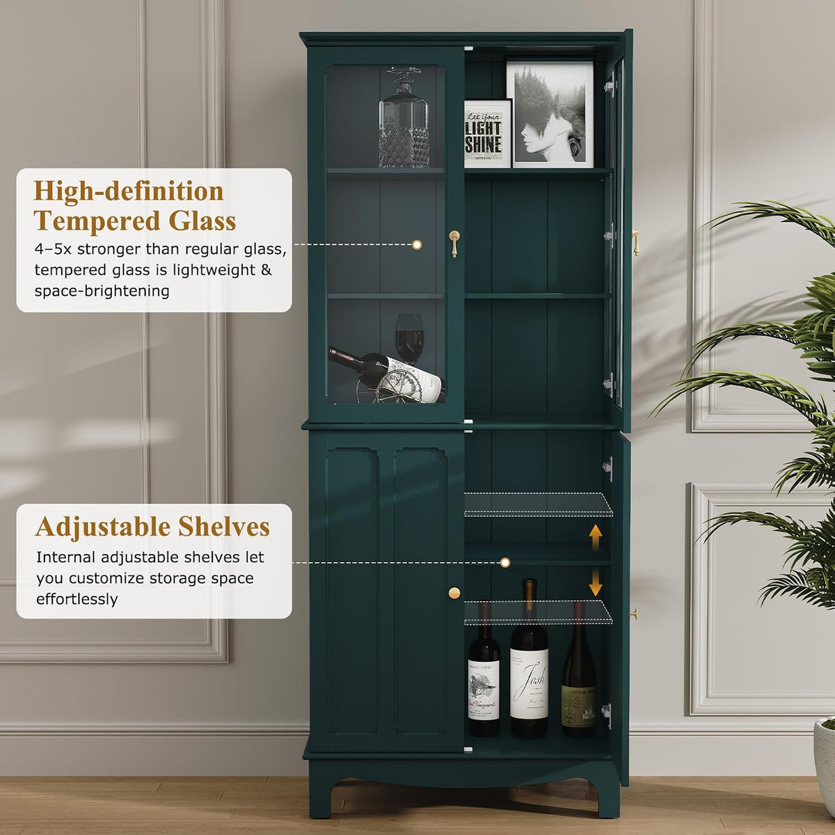 Angled view with upper glass door open and a wine bottle displayed on an interior shelf