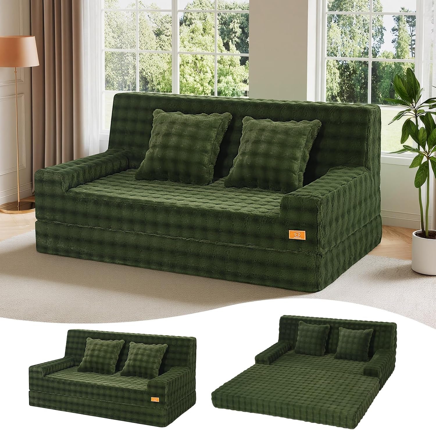 Forest green corduroy loveseat in a bright room with two matching square pillows and inset sofa/bed views.
