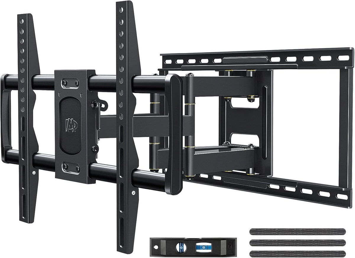 Angled close-up of a black full‑motion TV wall mount showing arms, hinge joints and vertical mounting brackets