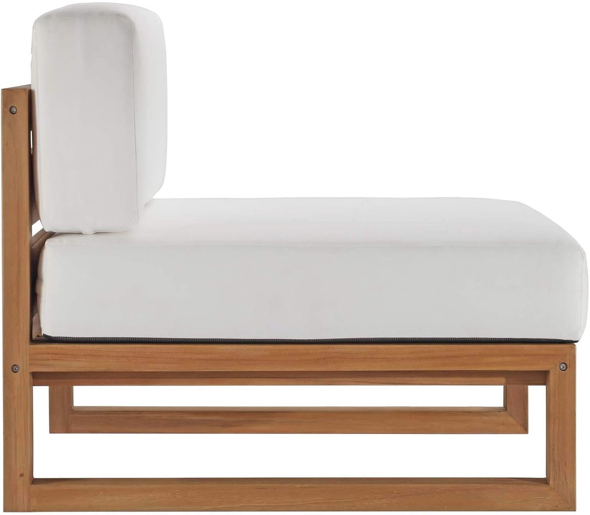 Straight side profile showing rectangular teak frame, open base and white cushions