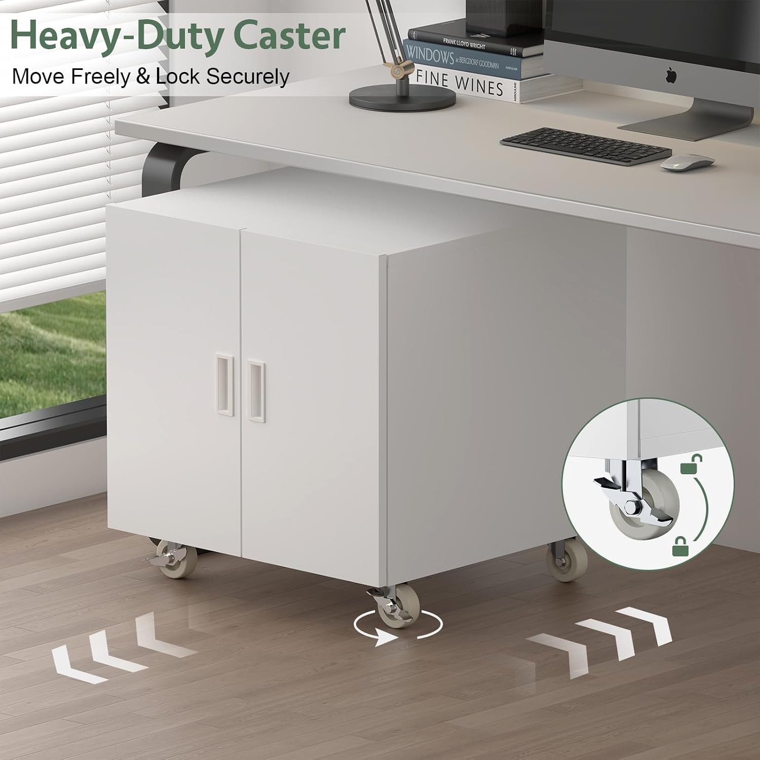 White rolling cabinet positioned under a desk showing swivel casters and inset illustration of a locking caster mechanism