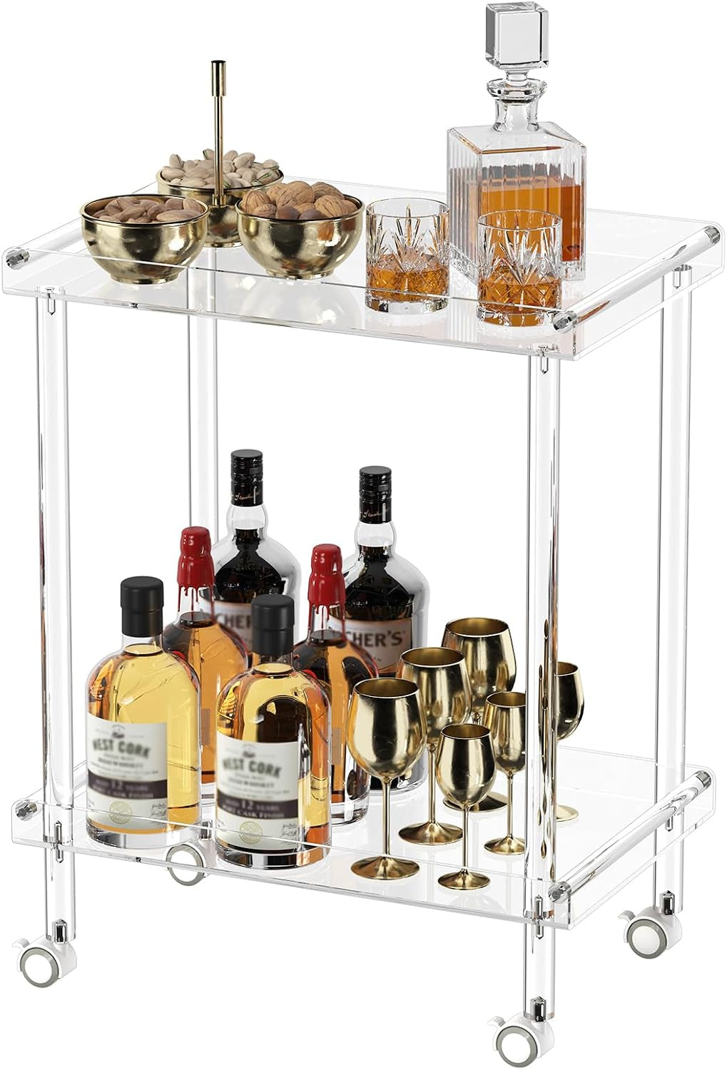 Clear acrylic two-tier bar cart studio shot on white background with bottles and gold stemware