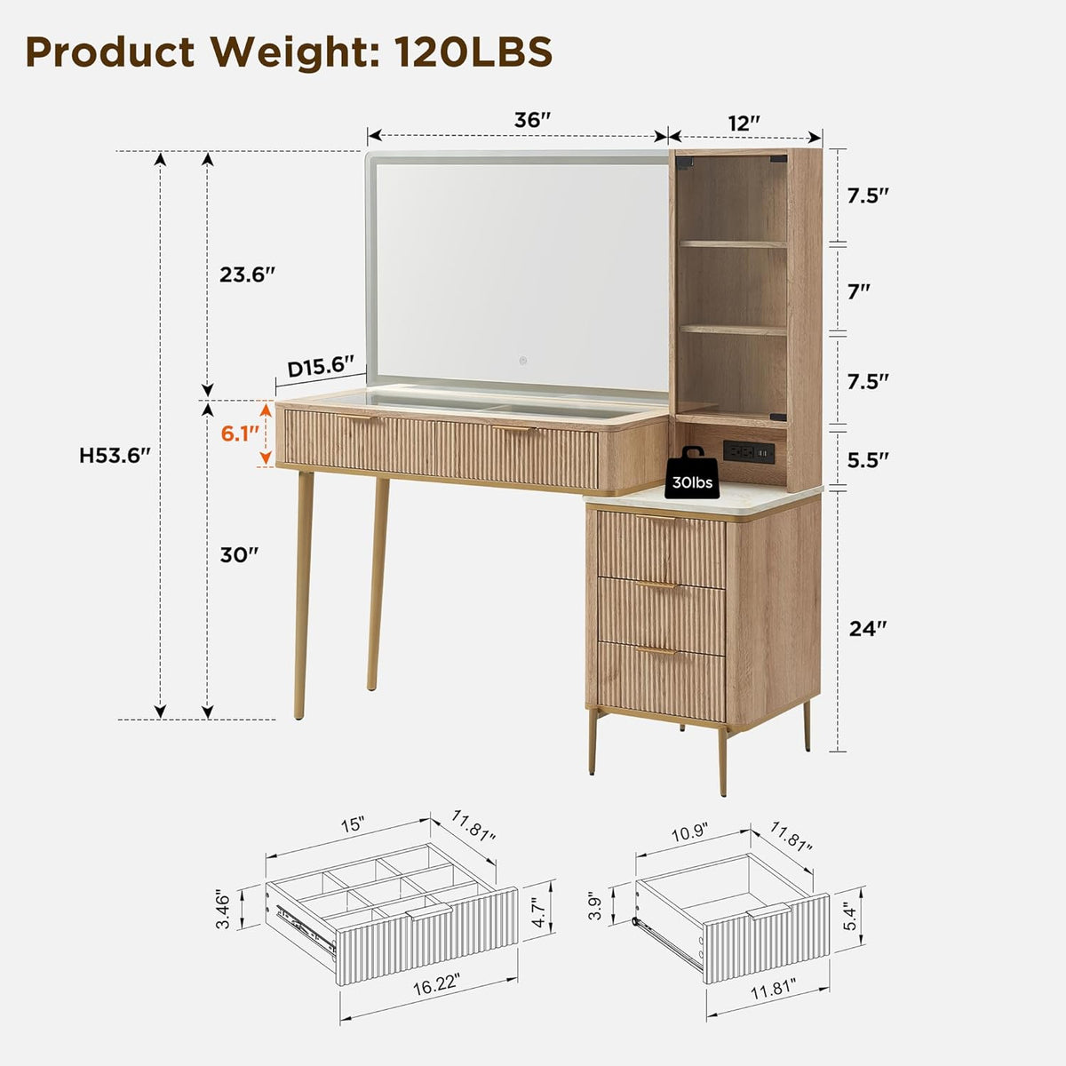Illustrated dimension diagram of the vanity showing mirror, shelves, drawers and annotated measurements.